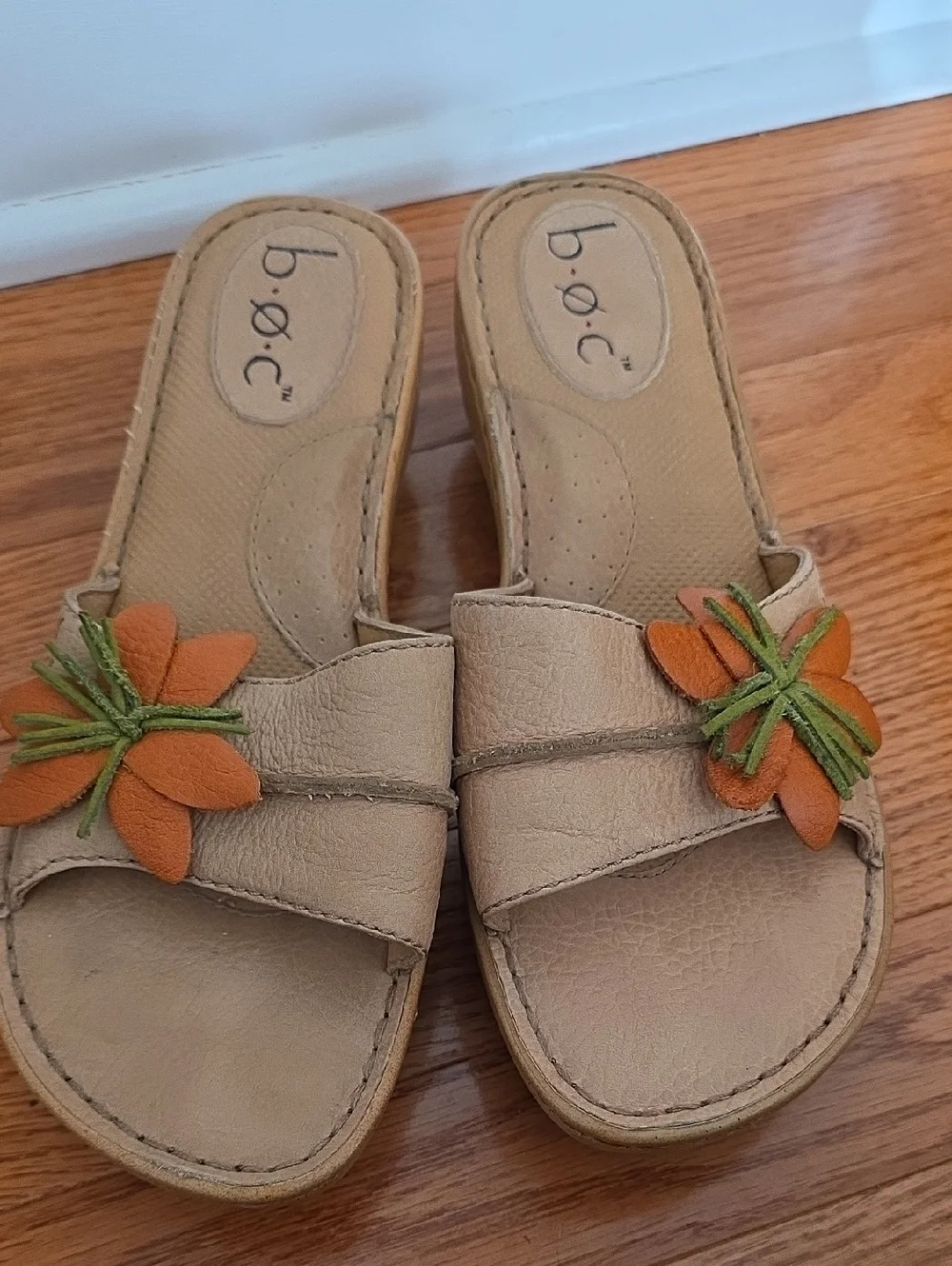b.o.c. Tan Leather Slide Sandals with Orange Flower Detail - Picture 1 of 3